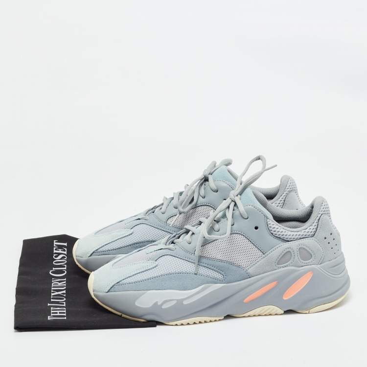 Pre Owned Yeezy x Adidas Grey/Blue Suede and Mesh Boost 700 Inertia Sneakers Size 46