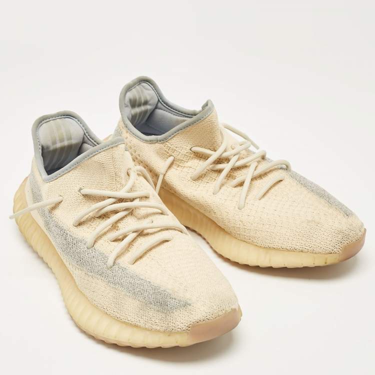 Pre Owned Yeezy x Adidas Beige/Blue Knit Fabric Boost 350 V2 Linen Sneakers Size 44 2/3