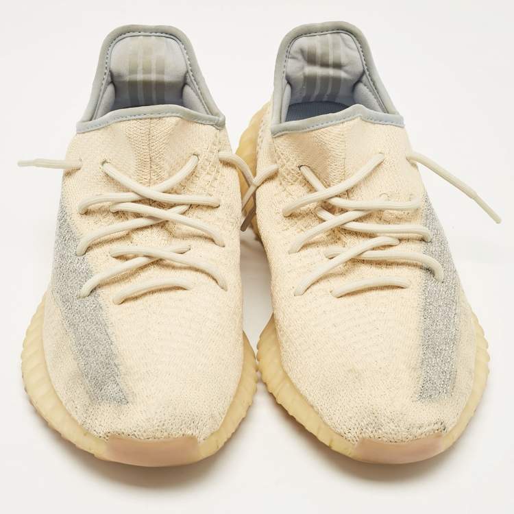 Pre Owned Yeezy x Adidas Beige/Blue Knit Fabric Boost 350 V2 Linen Sneakers Size 44 2/3