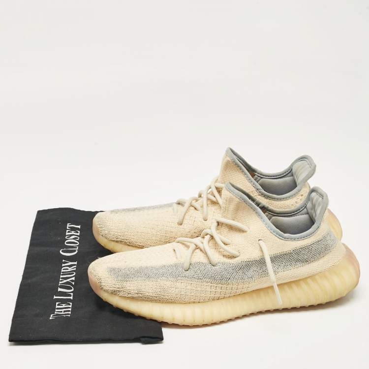Pre Owned Yeezy x Adidas Beige/Blue Knit Fabric Boost 350 V2 Linen Sneakers Size 44 2/3