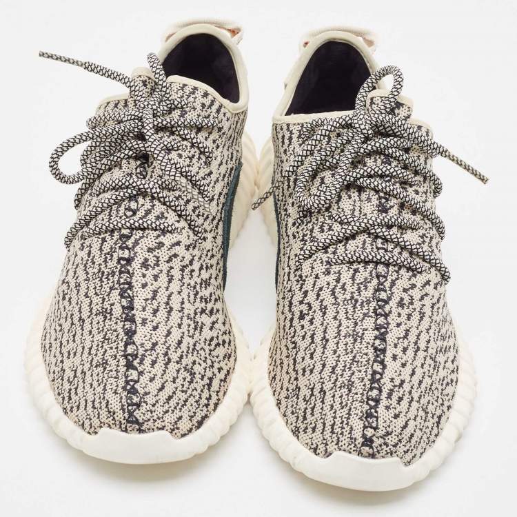 Pre Owned Yeezy x Adidas Black/Cream Knit Fabric Boost 350 V2 Lace Up Sneakers Size 46 2/3 