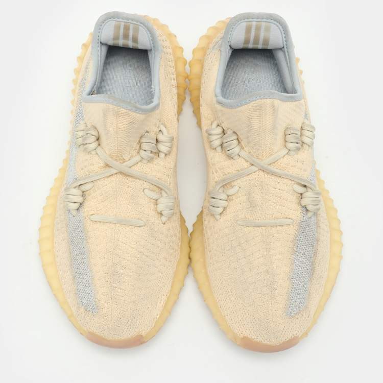 Pre Owned Yeezy x Adidas Beige/Blue Knit Fabric Boost 350 V2 'Linen' Low Top Sneakers 40 2/3
