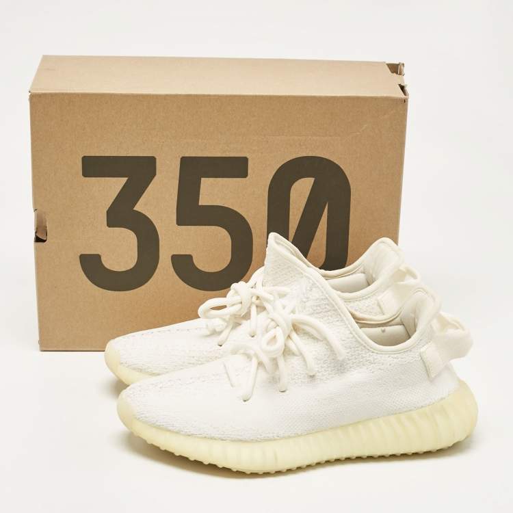Pre Owned Yeezy x Adidas White Knit Fabric Boost 350 V2 Cream Sneakers Size 37 1/3