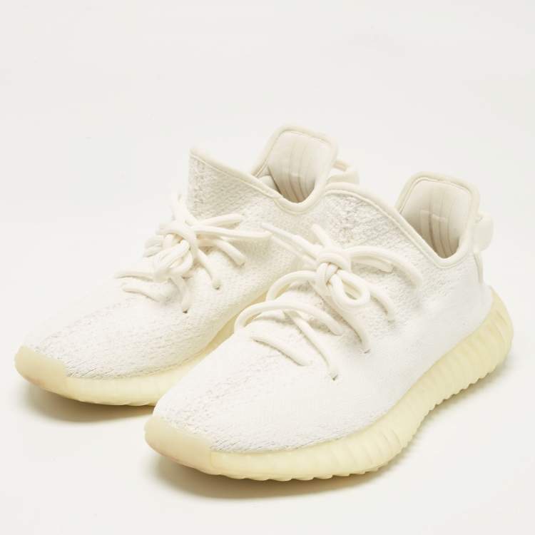 Pre Owned Yeezy x Adidas White Knit Fabric Boost 350 V2 Cream Sneakers Size 37 1/3