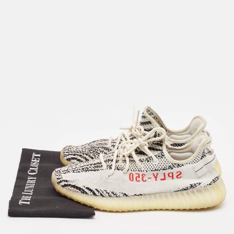 Pre Owned Yeezy x Adidas White/Black Knit Fabric Boost 350 V2 Zebra Sneakers Size 45 1/3