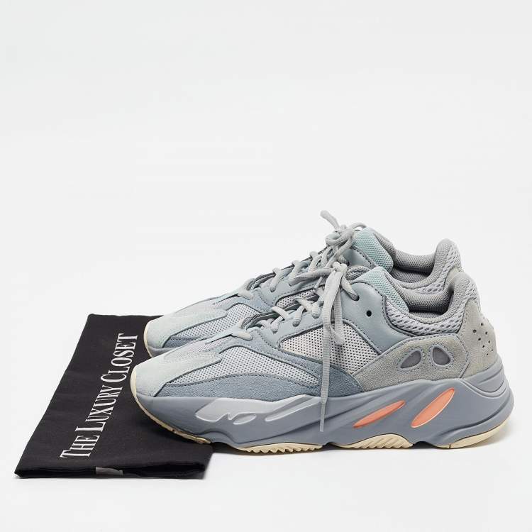 Pre Owned Yeezy x Adidas Grey/Blue Suede and Mesh Boost 700 Inertia Sneakers Size 42