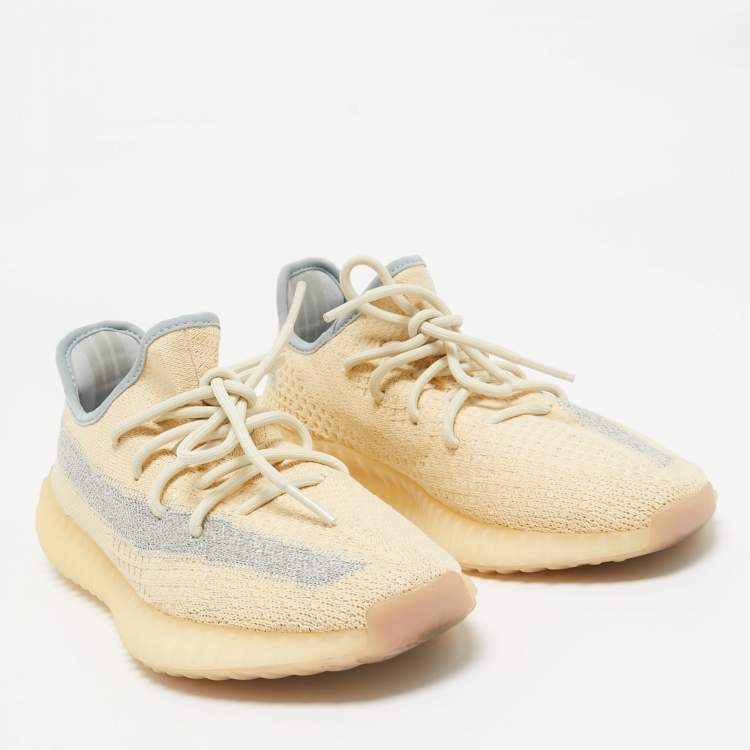 Pre Owned Yeezy x Adidas Beige/Blue Knit Fabric Boost 350 V2 Linen Sneakers Size 41 1/3