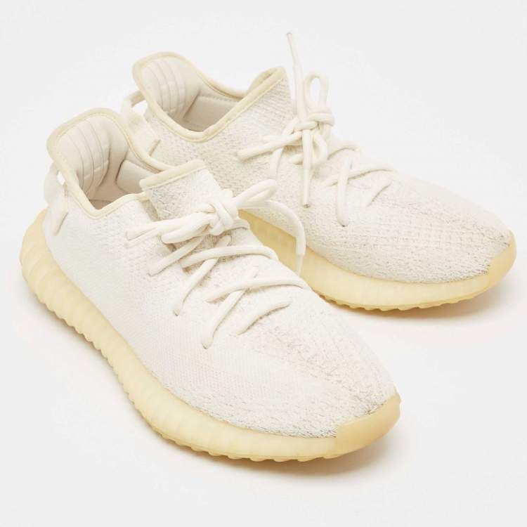 Pre Owned Yeezy x Adidas White Knit Fabric Boost 350 V2 Cream Sneakers Size 42