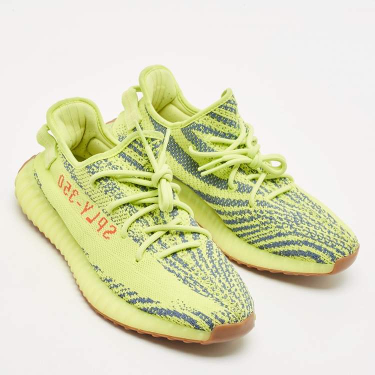 Pre Owned Yeezy x Adidas Neon Yellow Knit Fabric Boost 350 V2 Semi Frozen Yellow Sneakers Size 44