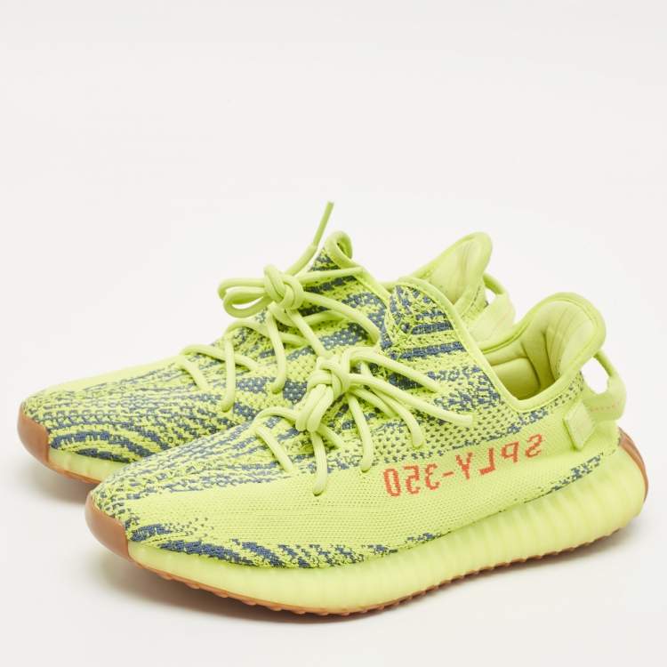 Pre Owned Yeezy x Adidas Neon Yellow Knit Fabric Boost 350 V2 Semi Frozen Yellow Sneakers Size 44