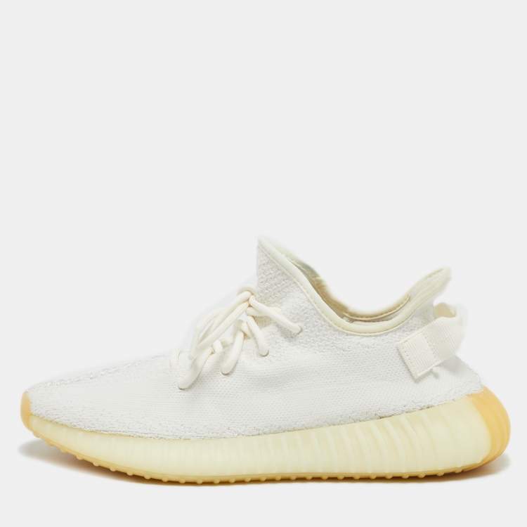 Pre Owned Yeezy x Adidas White Knit Fabric Boost 350 V2 Cream Sneakers Size 42 2/3