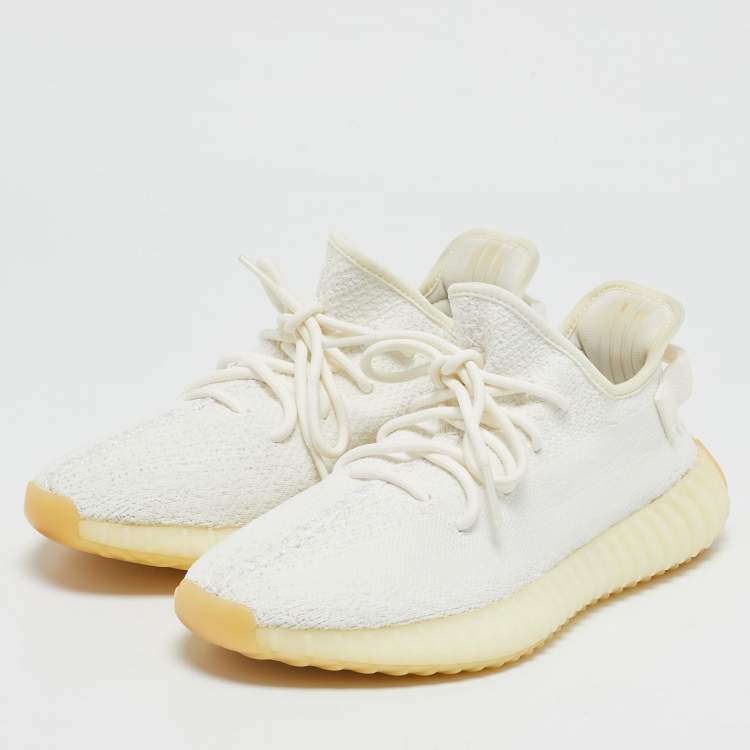 Pre Owned Yeezy x Adidas White Knit Fabric Boost 350 V2 Cream Sneakers Size 42 2/3