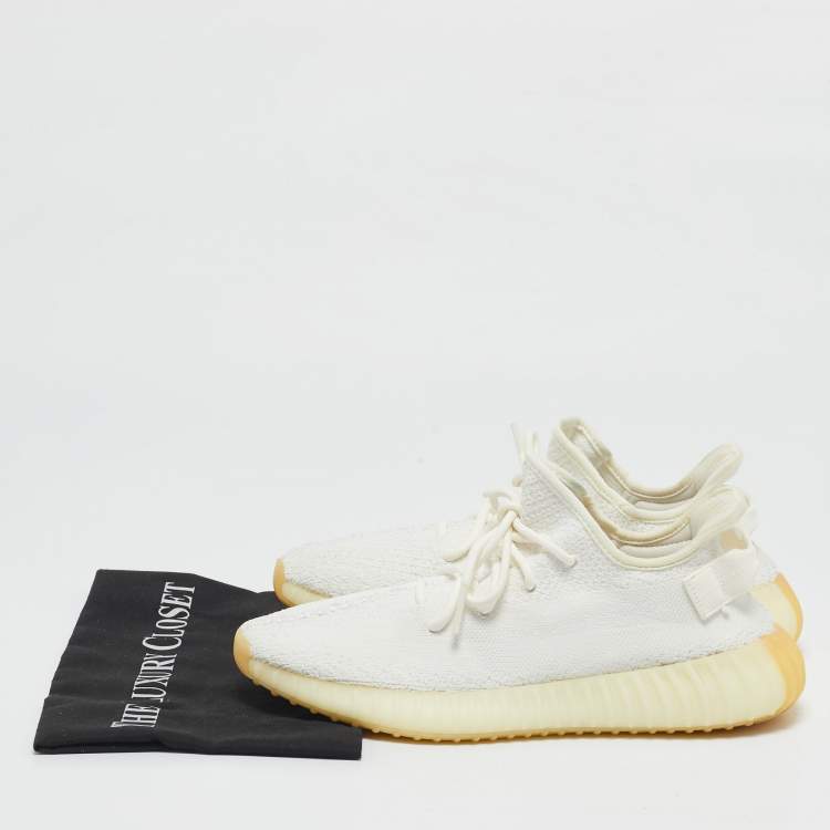Pre Owned Yeezy x Adidas White Knit Fabric Boost 350 V2 Cream Sneakers Size 42 2/3