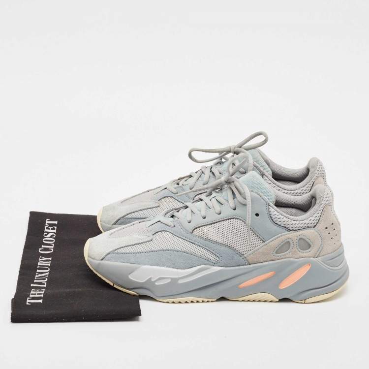 Pre Owned Yeezy x Adidas Grey/Blue Suede and Mesh Boost 700 Inertia Sneakers Size 46 2/3 