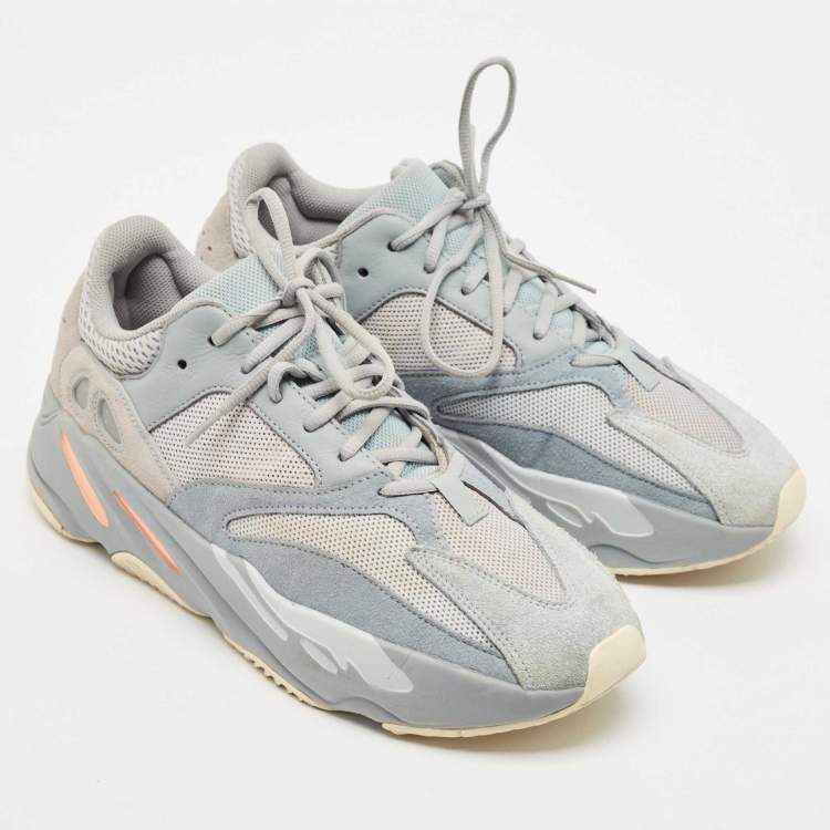 Pre Owned Yeezy x Adidas Grey/Blue Suede and Mesh Boost 700 Inertia Sneakers Size 46 2/3 