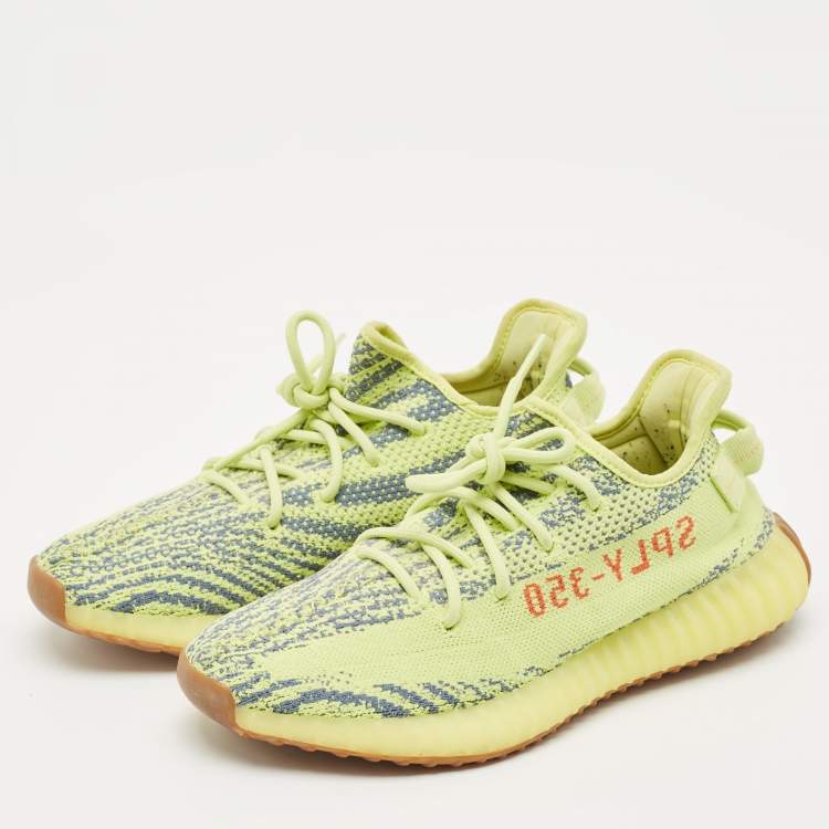 Pre Owned Yeezy x Adidas Neon Yellow Knit Fabric Boost 350 V2 Semi Frozen Yellow Sneakers Size 42 2/3