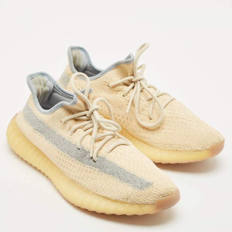 Pre Owned Yeezy x Adidas Beige/Blue Knit Fabric Boost 350 V2 Linen Sneakers Size 43 1/3