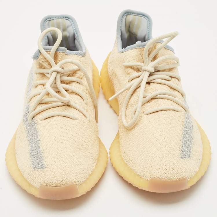 Pre Owned Yeezy x Adidas Beige/Blue Knit Fabric Boost 350 V2 Linen Sneakers Size 43 1/3