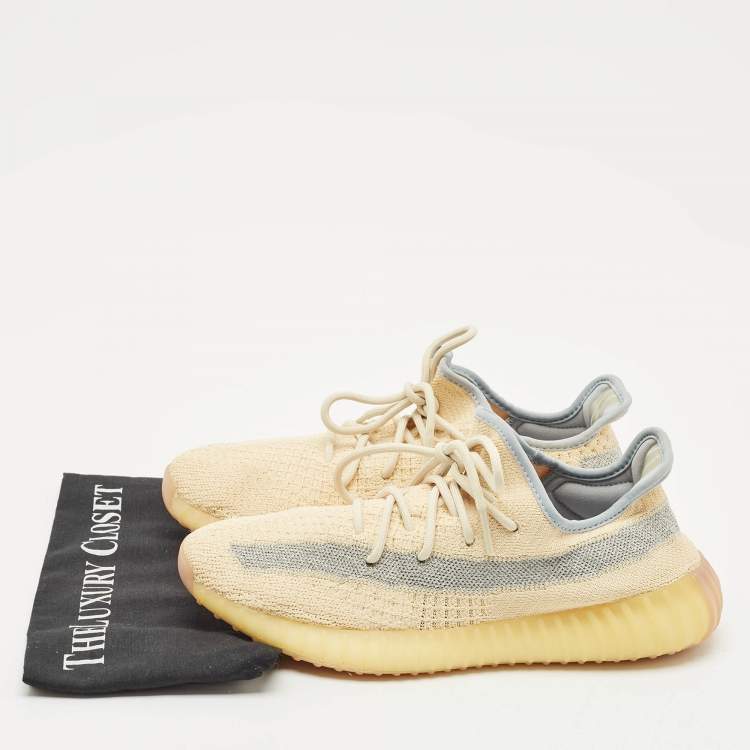 Pre Owned Yeezy x Adidas Beige/Blue Knit Fabric Boost 350 V2 Linen Sneakers Size 43 1/3