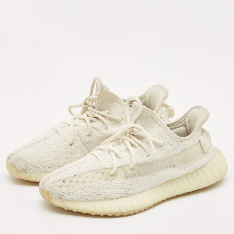 Pre Owned Yeezy x Adidas Off White Knit Fabric Boost 350 V2 Bone Sneakers Size 43 1/3