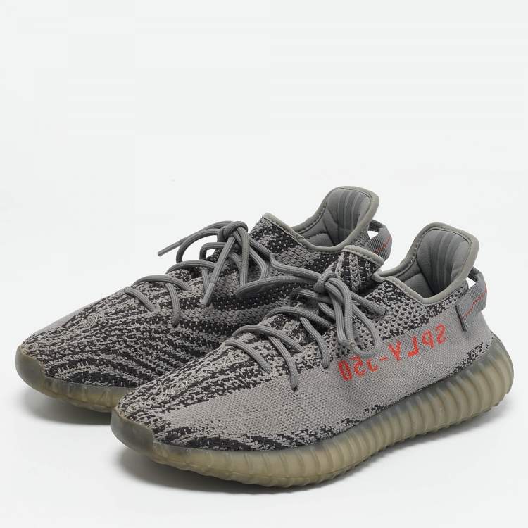 Pre Owned Yeezy x Adidas Grey/Black Knit Fabric Boost 350 V2 Grey Non-Reflective Sneakers 44 1/2