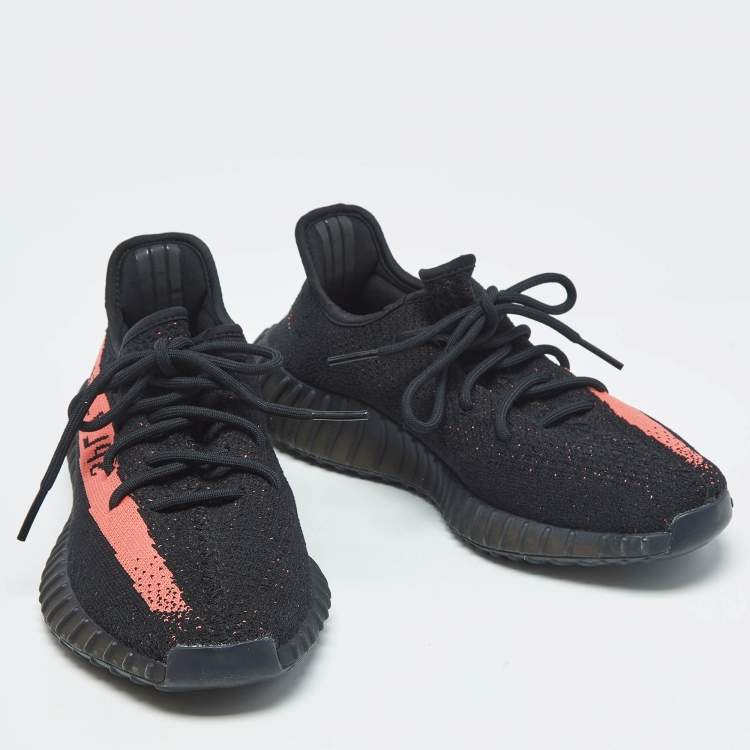 Pre Owned Yeezy x Adidas Black/Red Knit Fabric Boost 350 V2 Core Black Red Sneakers Size 44