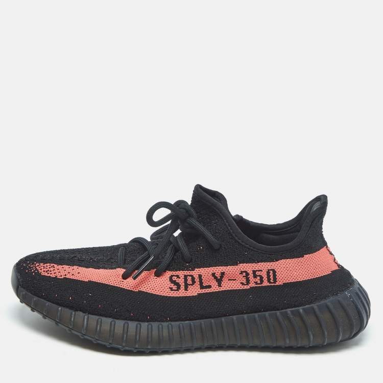 Pre Owned Yeezy x Adidas Black/Red Knit Fabric Boost 350 V2 Core Black Red Sneakers Size 44
