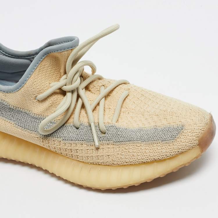 Pre Owned Yeezy x Adidas Beige/Blue Knit Fabric Boost 350 V2 Linen Sneakers Size 42