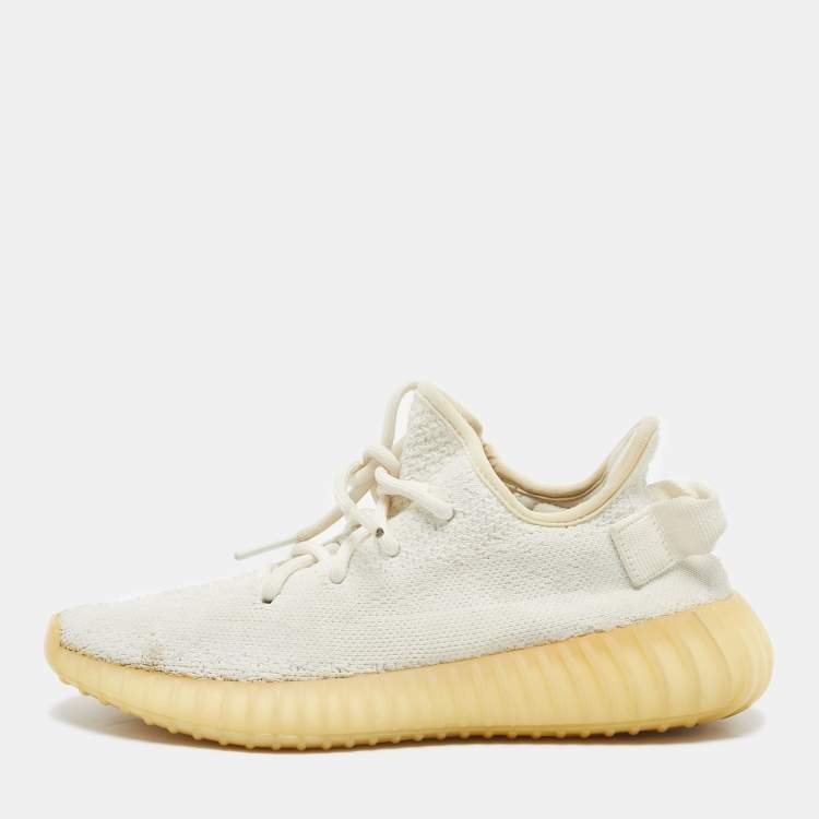 Pre Owned Yeezy x Adidas White Knit Fabric Boost 350 V2 Cream Sneakers Size 38