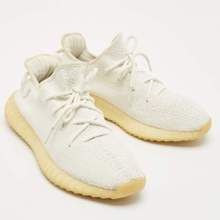 Pre Owned Yeezy x Adidas White Knit Fabric Boost 350 V2 Cream White Sneakers Size 44