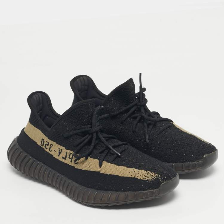 Pre Owned Yeezy x Adidas Black/Green Knit Fabric Boost 350 V2 Core Black Green Sneakers Size 46