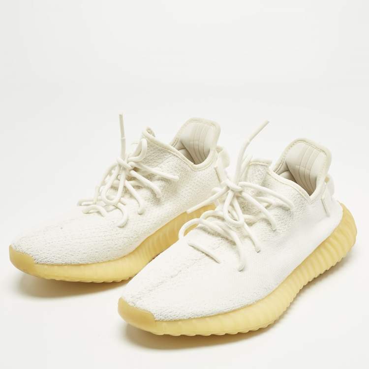 Pre Owned Yeezy x Adidas White Knit Fabric Boost 350 V2 Low Top Sneakers Size 42 2/3