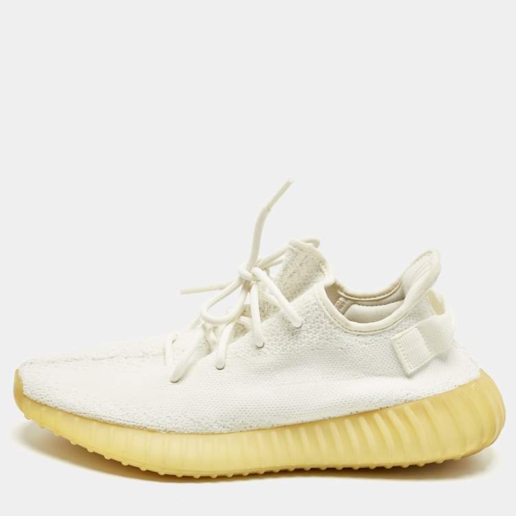 Pre Owned Yeezy x Adidas White Knit Fabric Boost 350 V2 Low Top Sneakers Size 42 2/3