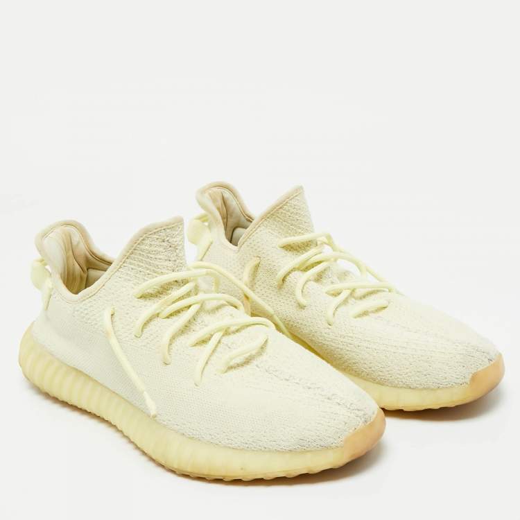 Pre Owned Yeezy x Adidas Light Yellow Knit Fabric Boost 350 V2 Butter Sneakers Size 46 2/3