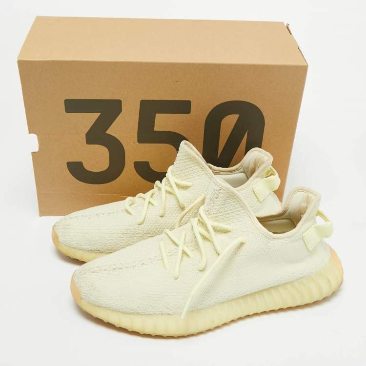 Pre Owned Yeezy x Adidas Light Yellow Knit Fabric Boost 350 V2 Butter Sneakers Size 46 2/3