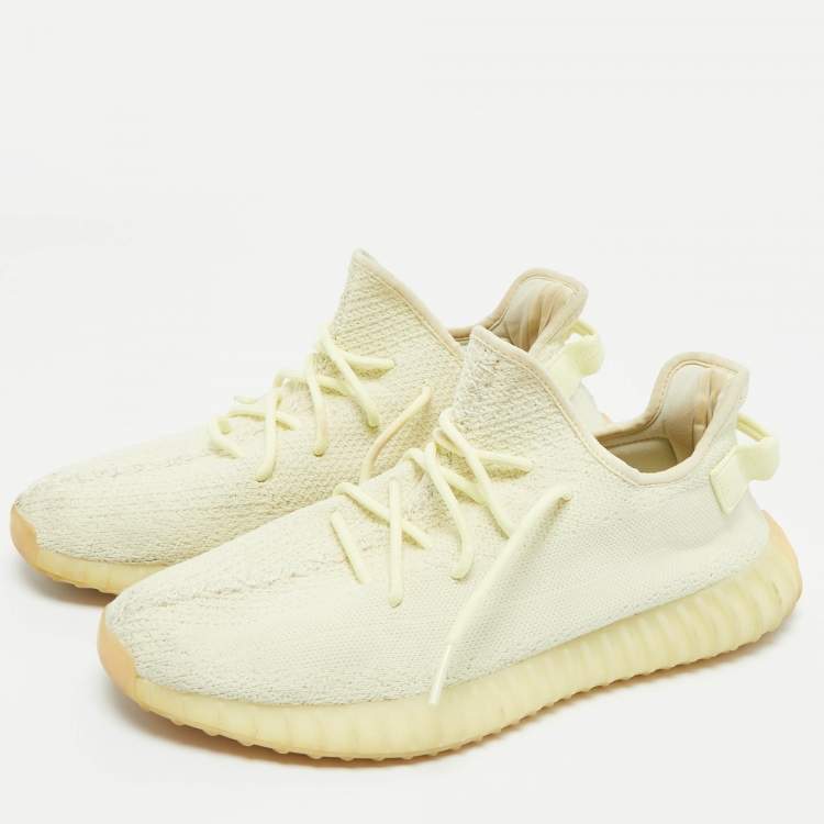 Pre Owned Yeezy x Adidas Light Yellow Knit Fabric Boost 350 V2 Butter Sneakers Size 46 2/3