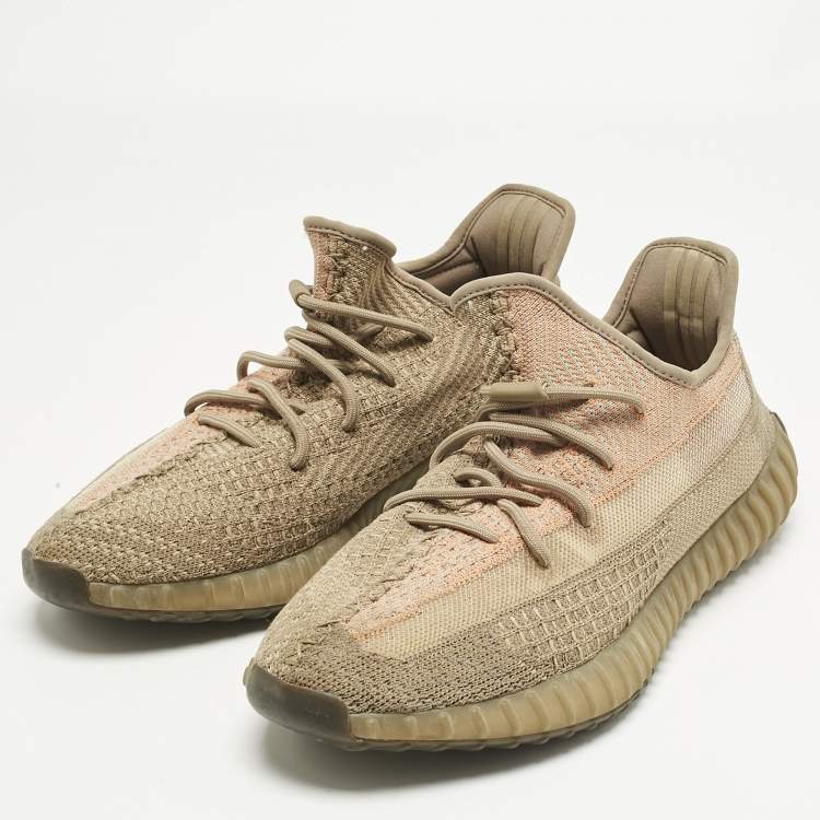 Pre Owned Yeezy x Adidas Brown Knit Fabric Boost 350 V2 Sand Taupe Sneakers Size 46 2/3