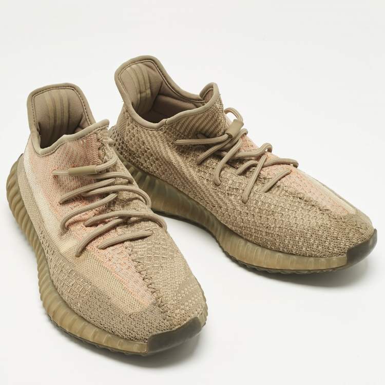 Pre Owned Yeezy x Adidas Brown Knit Fabric Boost 350 V2 Sand Taupe Sneakers Size 46 2/3