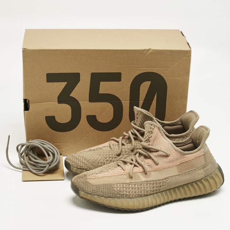 Pre Owned Yeezy x Adidas Brown Knit Fabric Boost 350 V2 Sand Taupe Sneakers Size 46 2/3