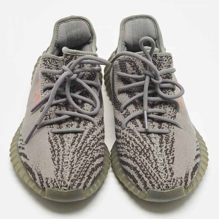 Pre Owned Yeezy x Adidas Grey Knit Fabric Boost 350 V2 Lace Up Sneakers Size 44.5