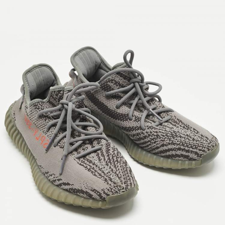Pre Owned Yeezy x Adidas Grey Knit Fabric Boost 350 V2 Lace Up Sneakers Size 44.5