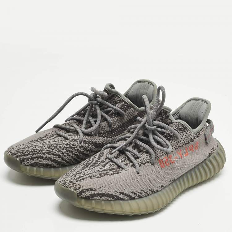 Pre Owned Yeezy x Adidas Grey Knit Fabric Boost 350 V2 Lace Up Sneakers Size 44.5