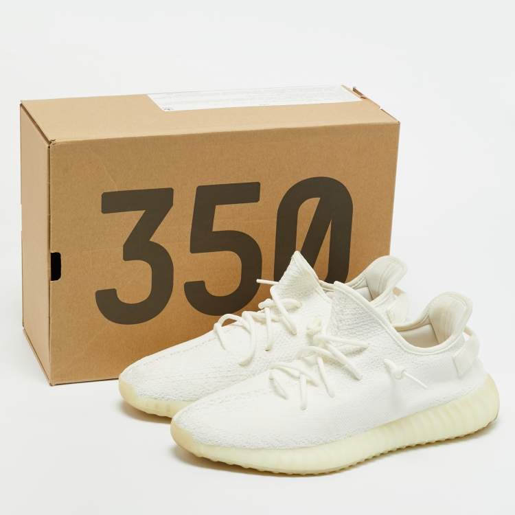 Pre Owned Yeezy x Adidas White Knit Fabric Boost 350 V2 Cream Sneakers Size 46 2/3