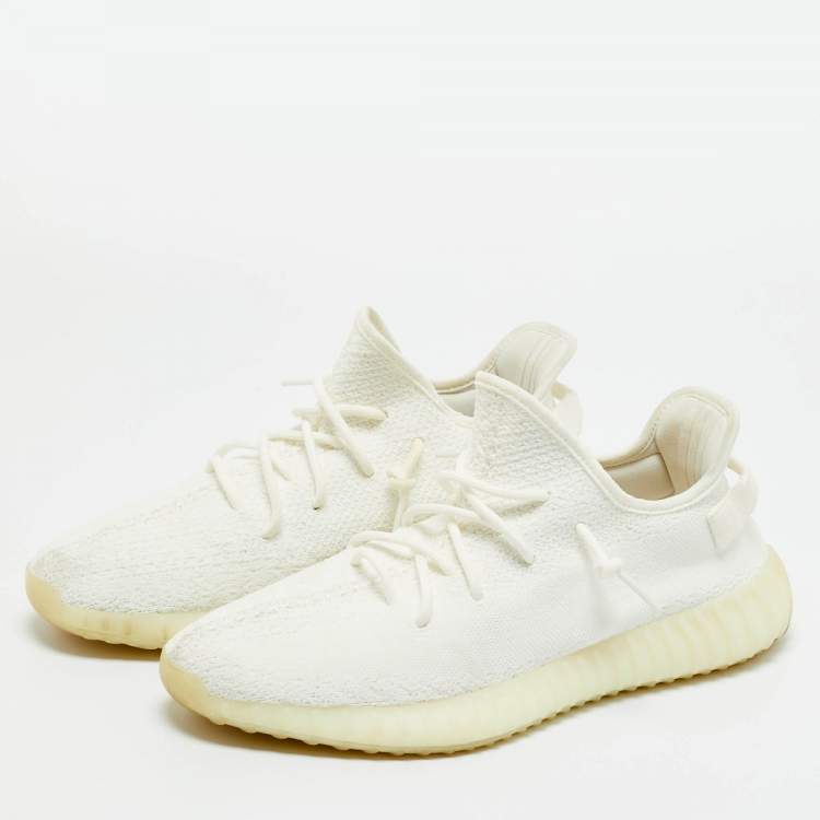 Pre Owned Yeezy x Adidas White Knit Fabric Boost 350 V2 Cream Sneakers Size 46 2/3