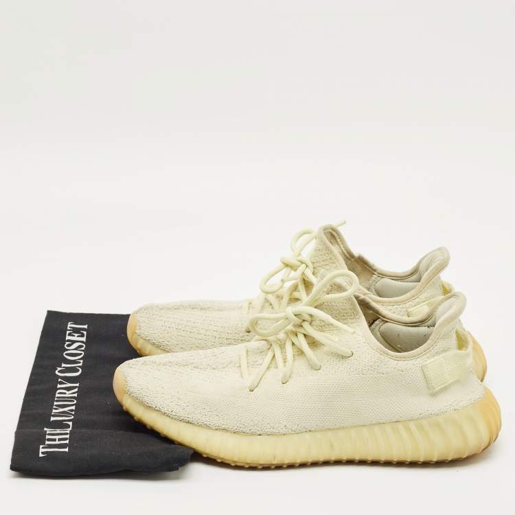 Pre Owned Yeezy x Adidas Light Yellow Knit Fabric Boost 350 V2 Butter Sneakers Size 43 1/3
