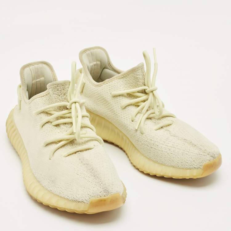 Pre Owned Yeezy x Adidas Light Yellow Knit Fabric Boost 350 V2 Butter Sneakers Size 43 1/3