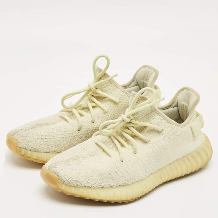 Pre Owned Yeezy x Adidas Light Yellow Knit Fabric Boost 350 V2 Butter Sneakers Size 43 1/3