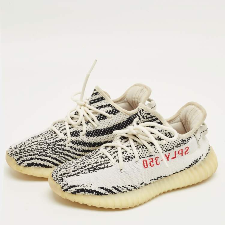 Pre Owned Yeezy x Adidas White/Black Knit Fabric Boost 350 V2 Zebra Sneakers Size 41 1/3