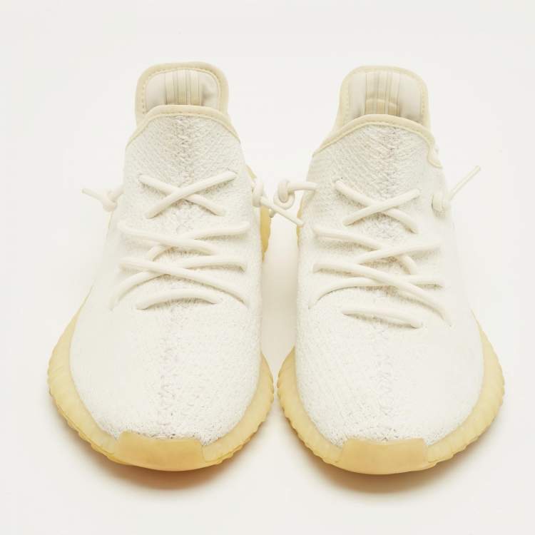 Pre Owned Yeezy x Adidas White Knit Fabric Boost 350 V2 Cream Sneakers Size 45 1/3