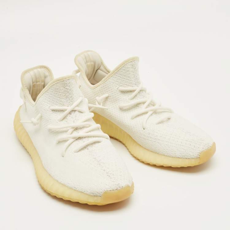 Pre Owned Yeezy x Adidas White Knit Fabric Boost 350 V2 Cream Sneakers Size 45 1/3